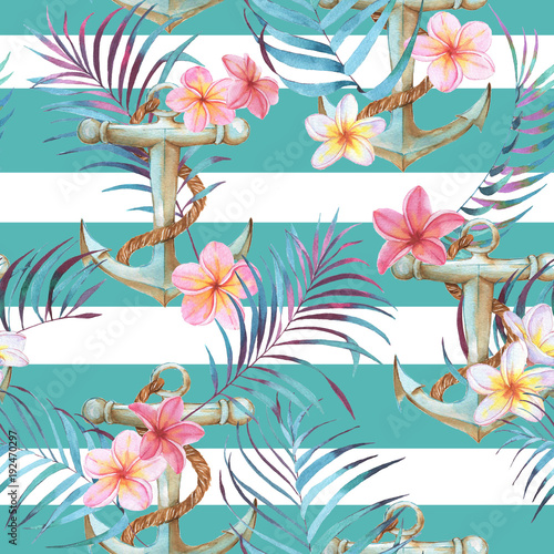 Fototapeta Naklejka Na Ścianę i Meble -  Hand-drawn watercolor sea pattern with anchor, plumeria flowers and palm leaves. Summer repeated background