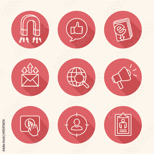Inbound marketing icon set w magnet, social, email, and promotion