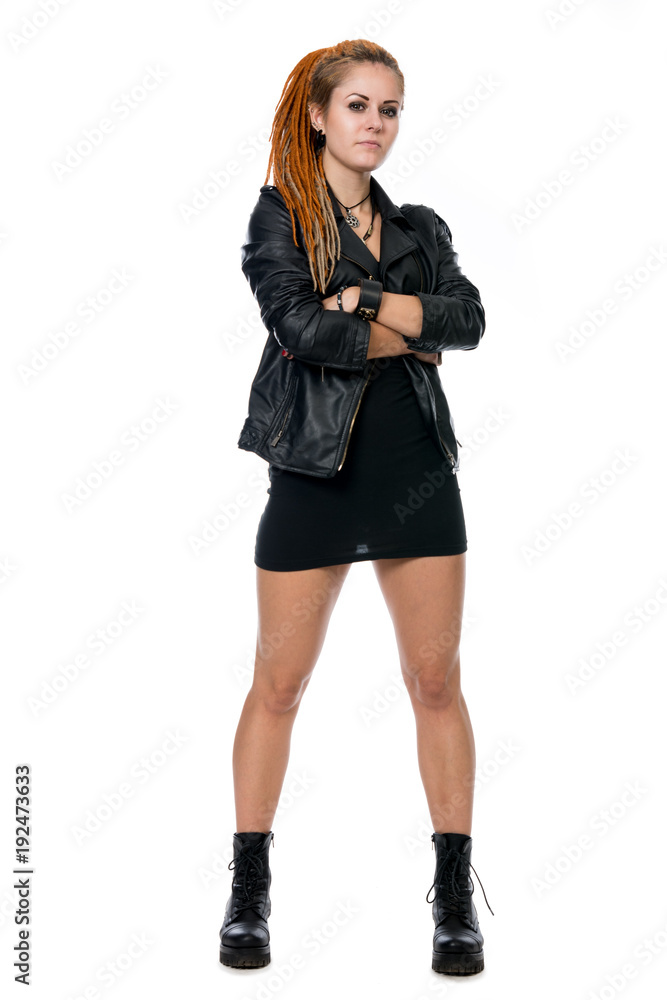 Young woman with dreadlocks in a leather jacket Young woman with dreadlocks in a leather jacket