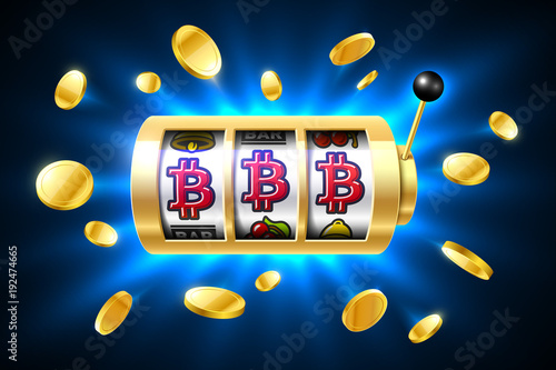Bitcoin jackpot, cryptocurrency symbols on slot machine. Gambling games, casino banner with bright blue background and flying coins around