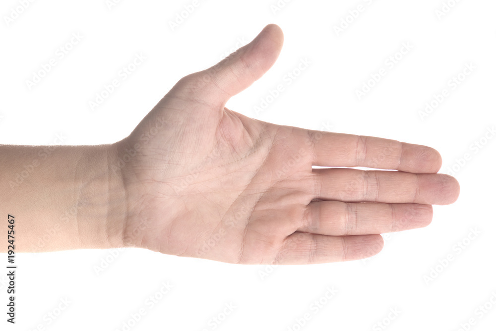 Left hand leads to the right - internationally accepted known hand gesture isolated on white background with copyspace Left hand leads to the right - internationally accepted known hand gesture isolated on white background with copyspace
