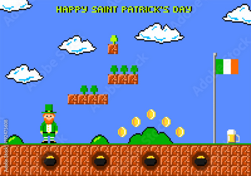 Happy saint Patrick's day greeting card. Leprechaun in style of eight-bit game. Inscription of  Happy saint Patricks day.  Vector illustration 