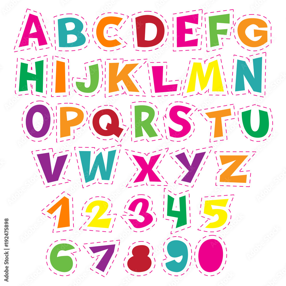 Colorful cartoon alphabet for children. Vector educational collection of letters and numbers.