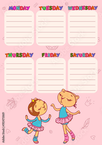 Timetable for school with cute cat-girls. Vector printable template for children.