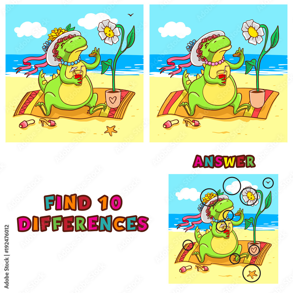 Find ten differences educational game for children. Vector colorful learning activity with crocodile on the beach.