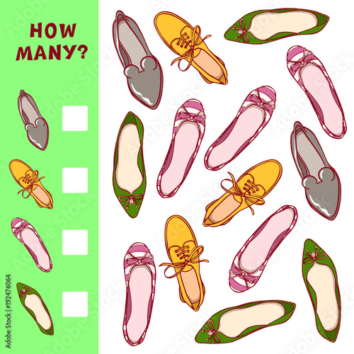 How many shoes. Children counting game. Vector learning activity for kids.