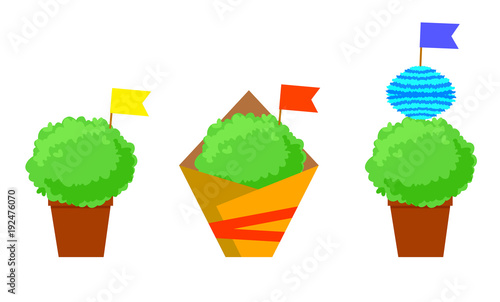 Manjerico isolated plants with flags. Santos Populares festival symbol.