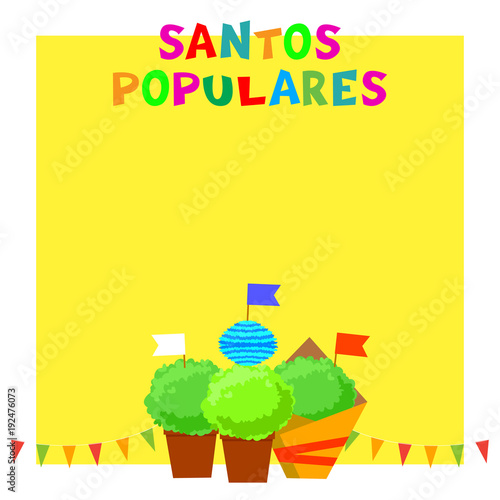 Santos Populares Portugues festival banner with bunting garlands, flags and manjerico plants.