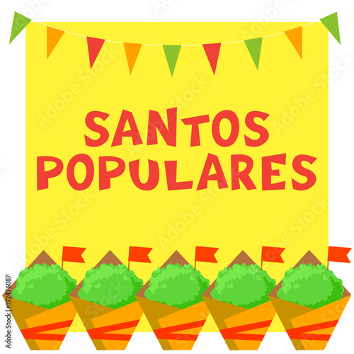 Santos Populares Portuguese festival card with manjerico plants and bunting garland.