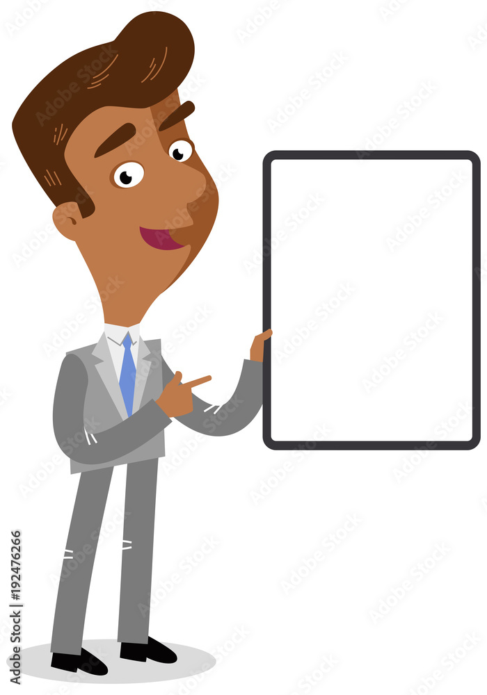 Vector illustration of an asian cartoon businessman holding blank board and pointing with finger isolated on white background Vector illustration of an asian cartoon businessman holding blank board and pointing with finger isolated on white background