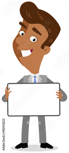 Vector illustration of an asian cartoon businessman holding blank board in front of him isolated on white background