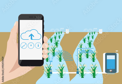 Internet of things in agriculture. Smart farm with wireless control. Vector illustration.