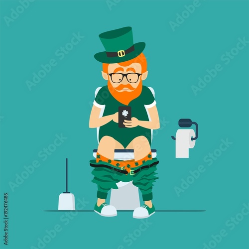 St. Patrick's Day greeting card, banner, poster, print on a t-shirt. Leprechaun hipster sits on  toilet bowl with phone in hands.Toilet paper and brush for toilet bowl. Vector illustration