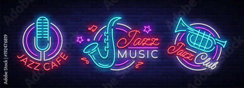 Jazz music collection neon signs. Symbols, collection of logos in neon style, bright night banner, luminous advertising on Jazz music for Jazz cafe, restaurant, party, concert. Vector illustration