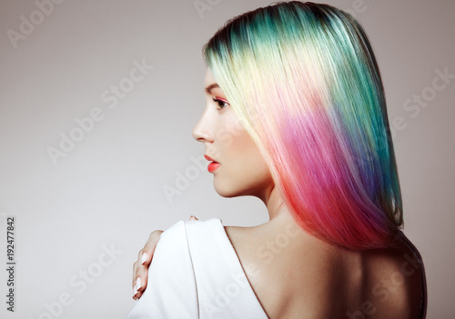Fotografie Beauty Fashion Model Girl with Colorful Dyed Hair