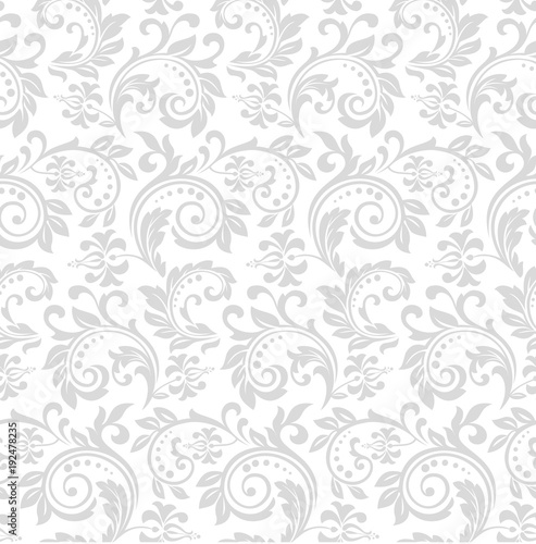 Wallpaper in the style of Baroque. A seamless vector background. White and grey floral ornament. Graphic vector pattern.
