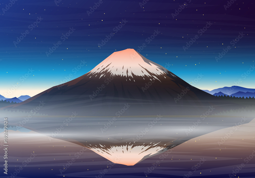 Mountain Fuji, night panoramic view with reflection on the lake kawaguchiko, peaks, landscape early in a daylight. travel or camping, climbing, vector. Outdoor hill tops, Japan.