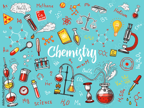 Chemistry of icons set. Chalkboard with elements, formulas, atom, test-tube and laboratory equipment. laboratory workspace and reactions research. science, education, medical. engraved hand drawn.