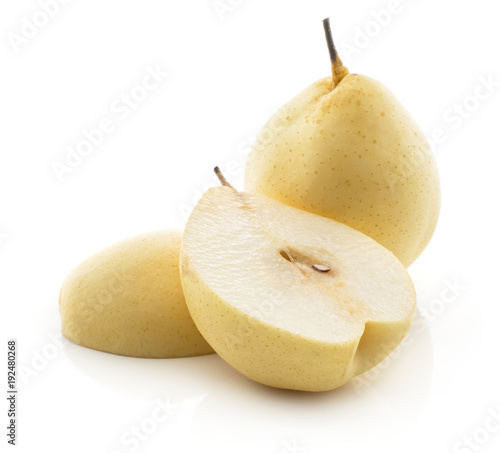 Nashi pears (Russet pear) isolated on white background one whole yellow and two section halves. photo