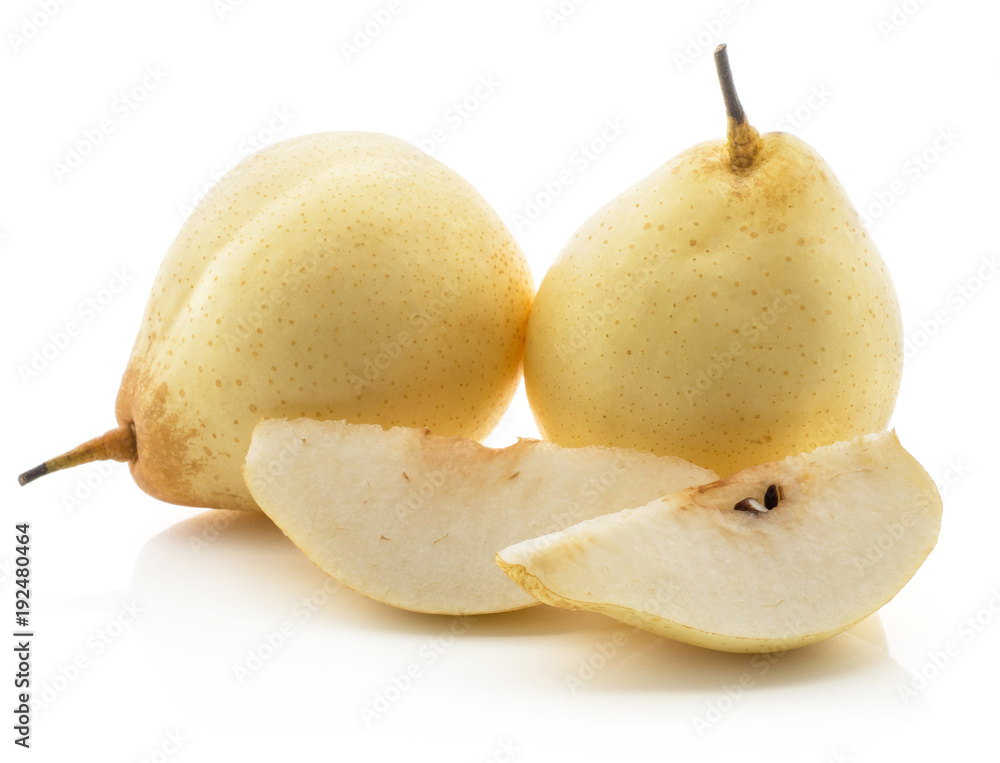 Nashi pears (Russet pear) isolated on white background yellow textured flesh two whole with one half and a slice. Nashi pears (Russet pear) isolated on white background yellow textured flesh two whole with one half and a slice.