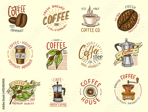 Set of coffee logos. modern vintage elements for the shop menu. Vector illustration. design decoration collection for badges. calligraphy style for frames, labels. engraved hand drawn in old sketch.