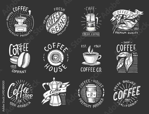 Set of coffee logos. modern vintage elements for the shop menu. Vector illustration. design decoration collection for badges. calligraphy style for frames, labels. engraved hand drawn in old sketch.