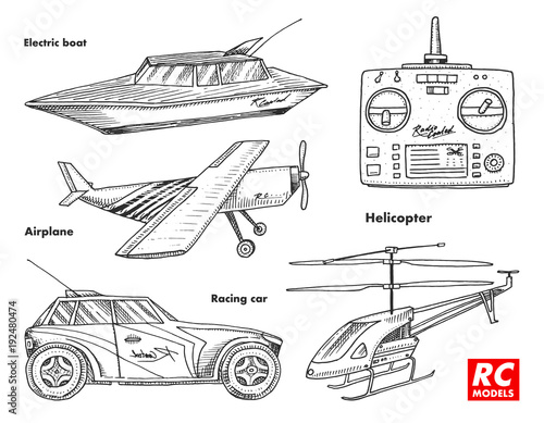 RC transport, remote control models. toys design elements for emblems. boat or ship and car or machine. revival radios tuner broadcasting system. Innovative technologies. engraved hand drawn.