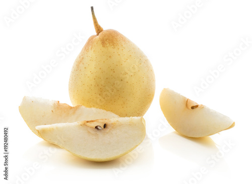 One Nashi pear and three slices (Russet pear) isolated on white background yellow textured flesh. photo