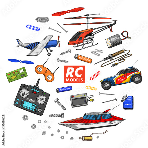 RC transport, remote control models. toys or instruments. set details. devices, equipment, tools for service and technical repair. boat or ship, technologies. radios system. engraved hand drawn.
