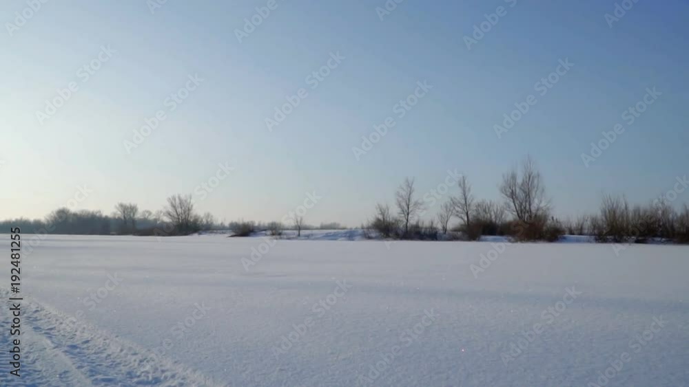 Winter landscape. A snow-covered field, in the distance stands the bushes and trees Winter landscape. A snow-covered field, in the distance stands the bushes and trees