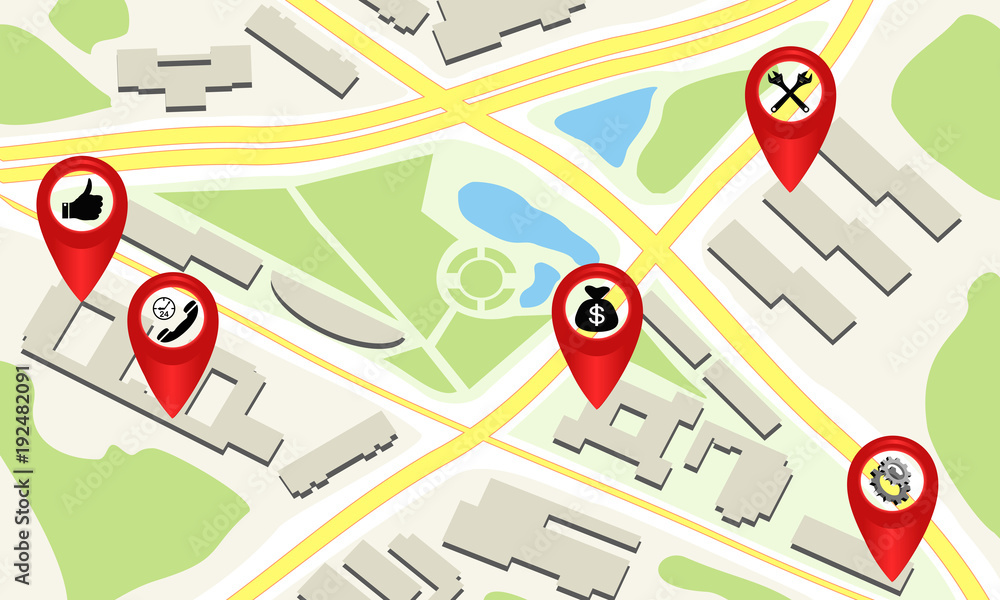 City map with red pin location icons. Vector illustration for GPS navigation concept. City map with red pin location icons. Vector illustration for GPS navigation concept.