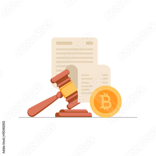 Golden bitcoin coin, paper sheet with text and gavel. Concept of cryptocurrency legislation, digital currency law