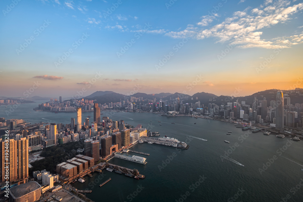 Hong Kong cityscape in the evening over Victoria Harbour