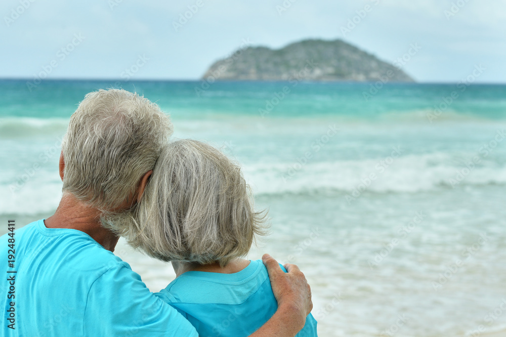 Fototapeta premium Rear view of elderly couple standing on sandy beach during sunse