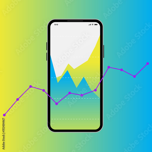 Graph on Smartphone display with colorful yellow blue gradient style. trendy flat design. financial technology concept. photo