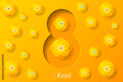 8 march sale banner template with paper cut floewrs, vector illustration