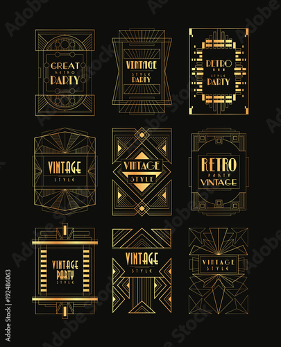 Vintage collection of golden Art Deco frames. Luxury vector emblems for business logo, party invitation card or restaurant insignia. Elegant retro badges in geometric shape