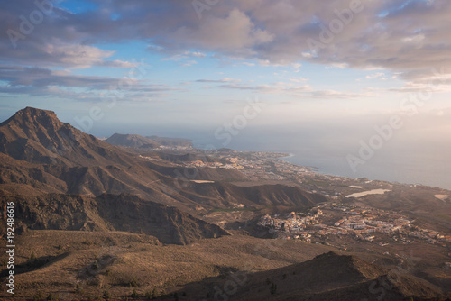 Tenerife mountain landscape. Adeje and Las Americas coastline in the background.