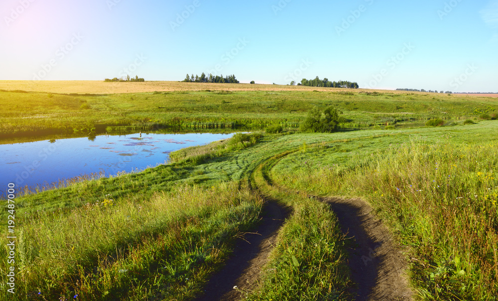 Sunny summer landscape with ground country road.Field of golden ripe wheat.Green hills with growing trees.River Upa in Tula region, Russia.Countryside scene.Panoramic view.