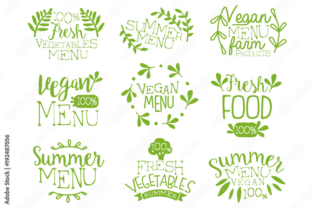 Fototapeta Green hand drawn vegetable menu logos set. Vegan healthy food. Elements collection with hand lettering and decoration. Vector isolated on white