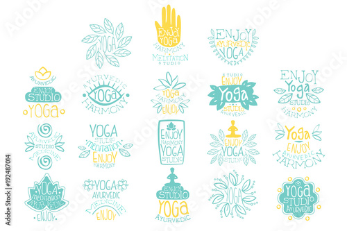Hand drawn creative design yoga ayurvedic club logo set. Meditation studio. Lettering with illustrations of poses, lotus, leaves and hands. Vector collection