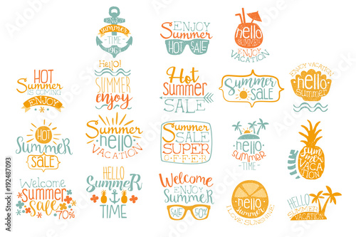 Hand drawn elements for summer calligraphic logo design. Beach vacation and hot sale concepts. Lettering with cocktails, tropical islands, sunglasses. Vector set