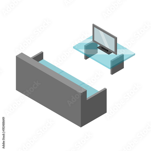 Set of furniture, Sofa with television on the table. Isometric Drawing Vector.