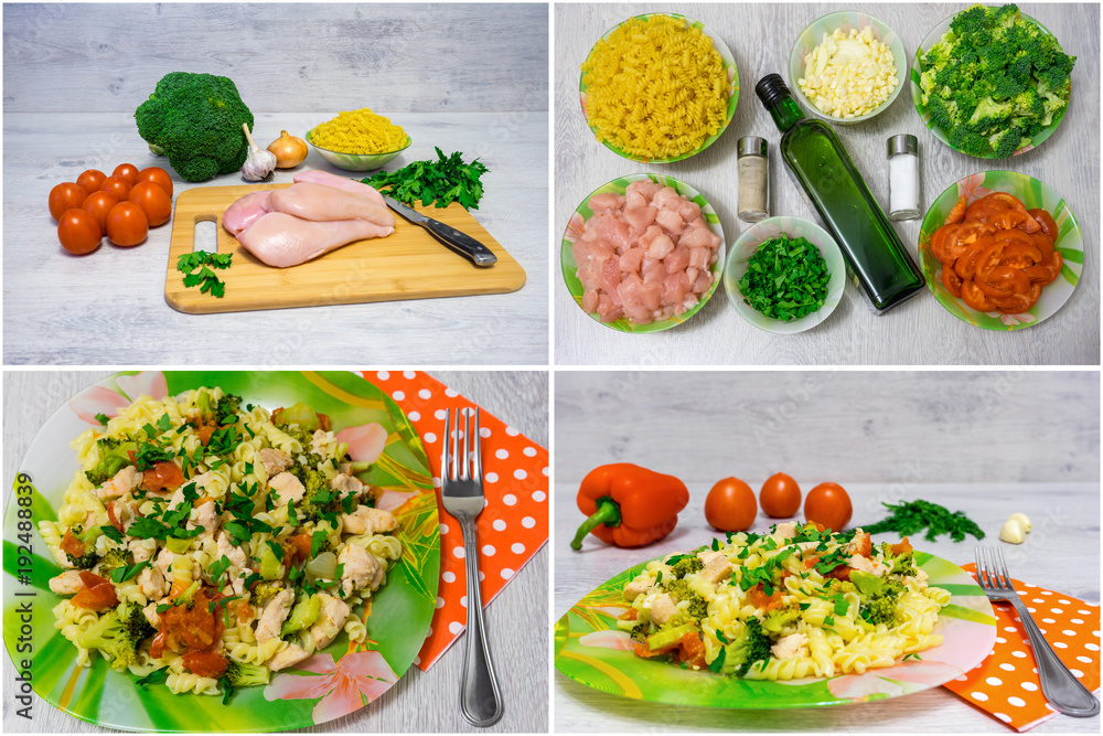 Cooking pasta with chicken and broccoli. Collage Cooking pasta with chicken and broccoli. Collage