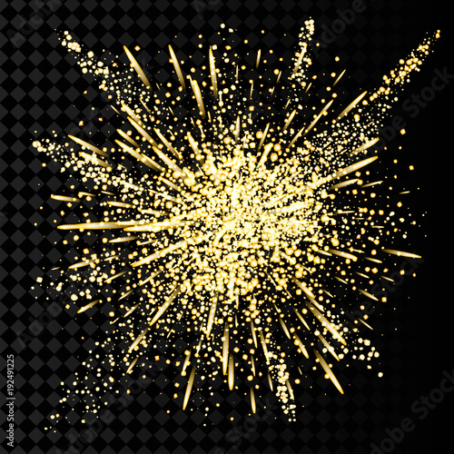 Gold glitter powder explosion. Golden dust and spark particles splash or shimmer burst.