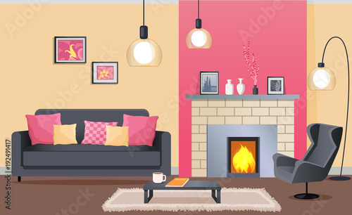 Interior Design of Cozy Living Room with Fireplace