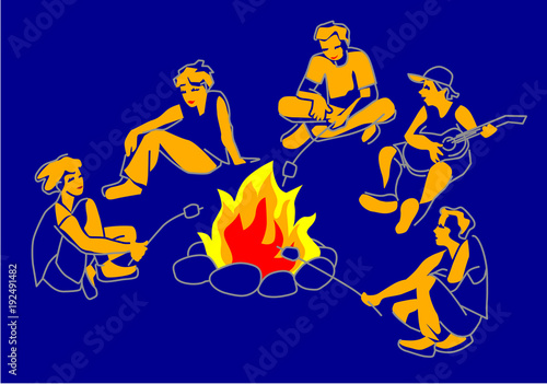 Friends, boys and girls sitting on bonfire, playing guitar and frying marshmallow, cartoon vector illustration.