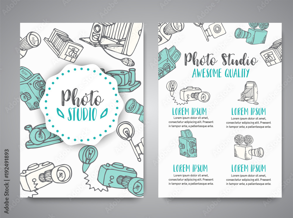 Brochure set with photo and video design in doodle style. Vector Illustration Photography theme for advert