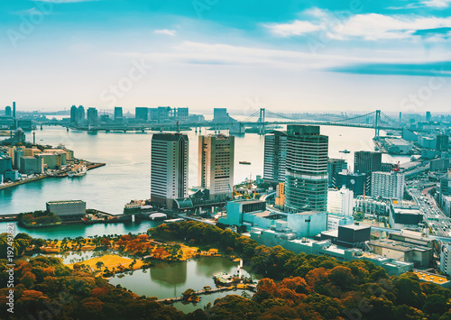 Photography Aerial view of Tokyo Bay, Japan in the morning