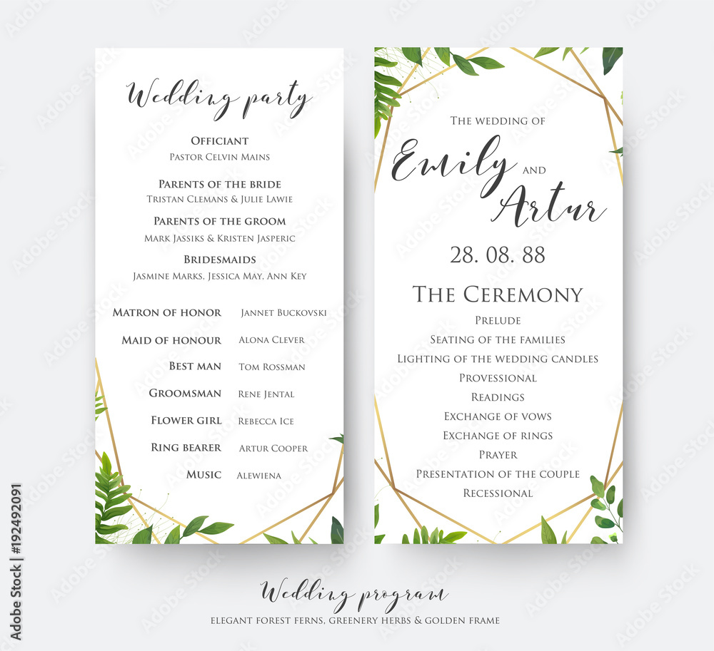Wedding program card for ceremony and party with modern vector, floral, botanical design with green forest fern leaves, greenery border and elegant, golden, geometrical decoration. Beautiful template